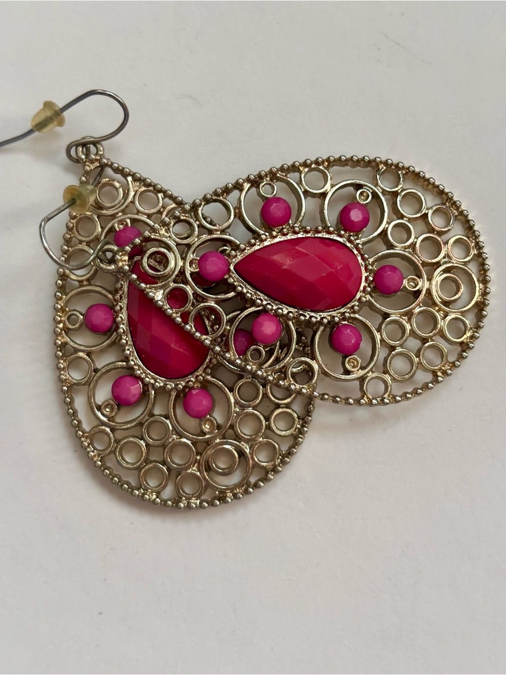 Vintage Golden Filigree Teardrop Earrings with Hot Pink Accents